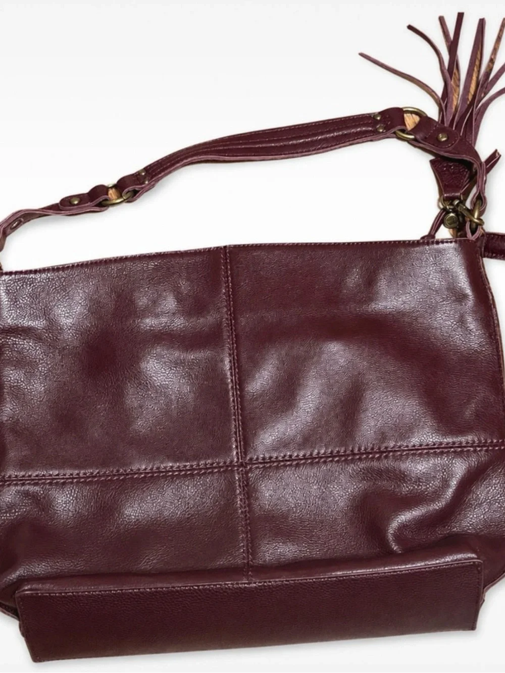 The Sak Burgundy Leather Hobo Shoulder Bag Tassel Antique Brass Boho Handbag